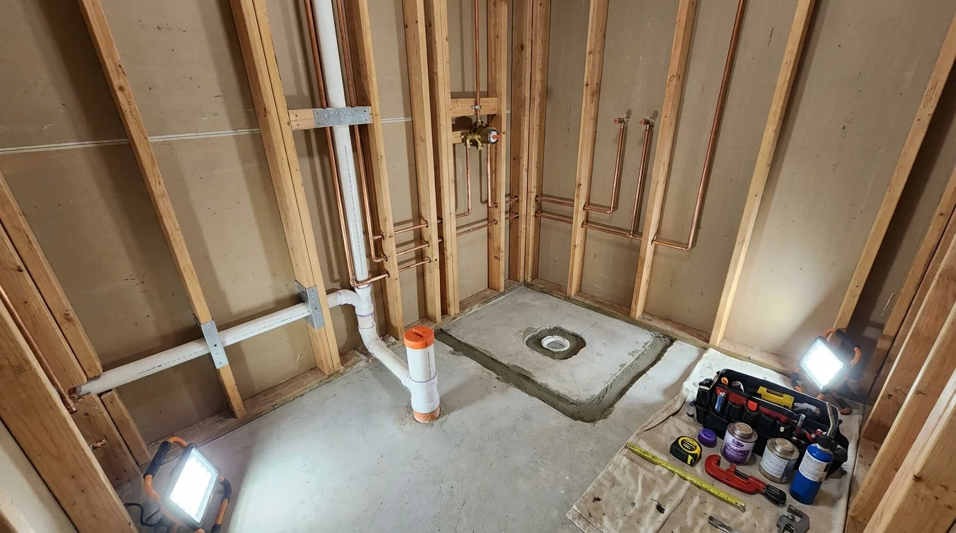 Bathroom rough-in plumbing during remodel by Johns Plumbing LLC in Danbury