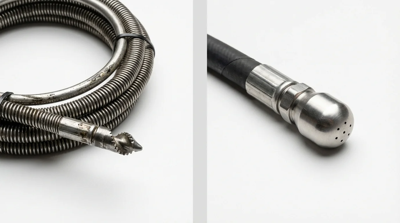 Drain snake cable and hydro jetting nozzle used for drain cleaning in Danbury, NH