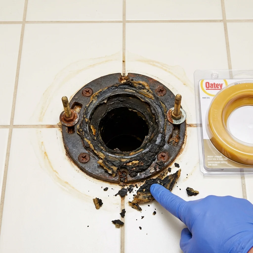 Failed wax ring showing water seepage at the base of a toilet in a Danbury, NH home